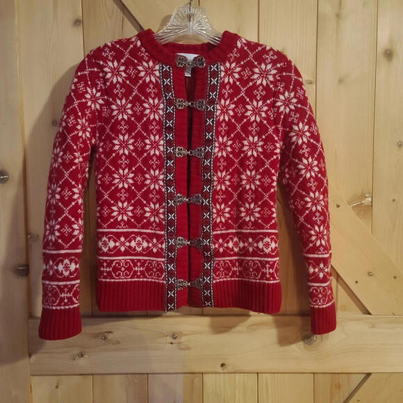Petite Sophisticate Sweaters - VTG Petite Sophisticate Merino Wool Red White Nordic Print Cardigan Women Small